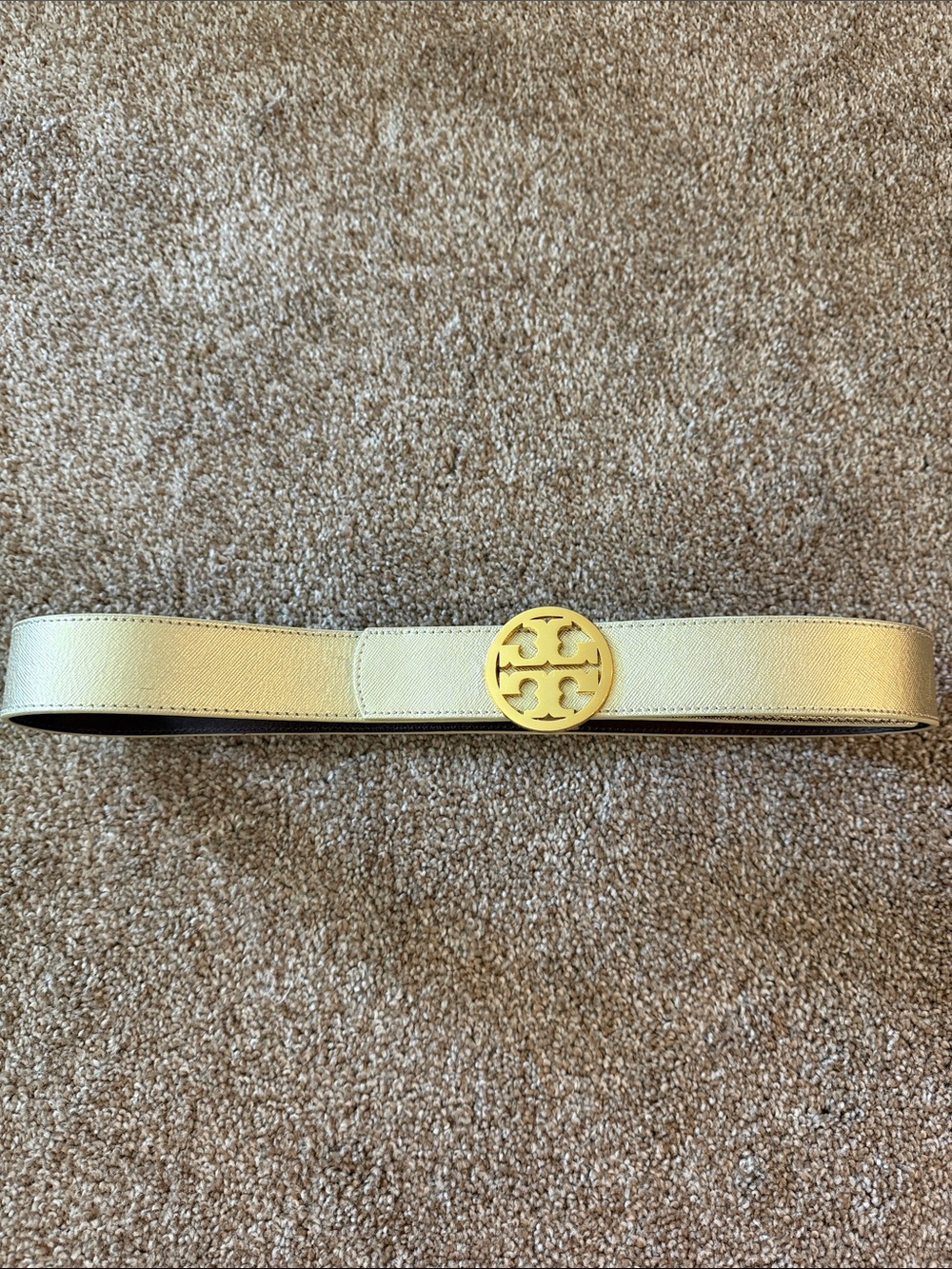Tory Burch Dark Brown Leather Belt with Gold Logo Buckle